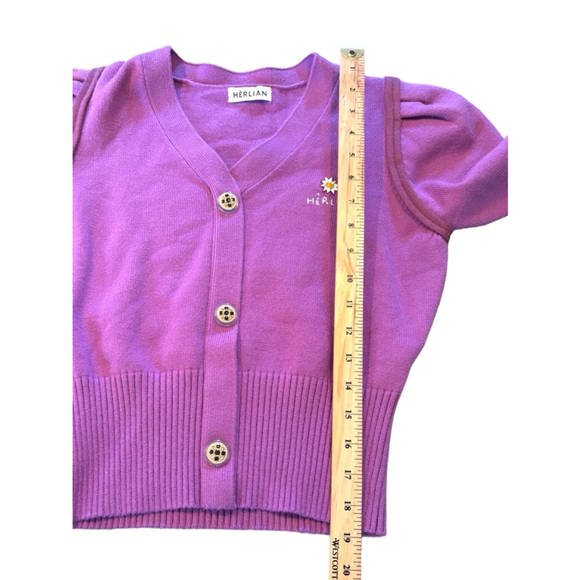 Herlian Knit Purple Short Sleeve Button Up Cardigan Sweater Women’s Size Large - Picture 5 of 9
